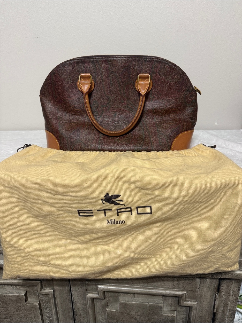 Brown Paisley Dome Travel Satchel with Tan Leather Trim